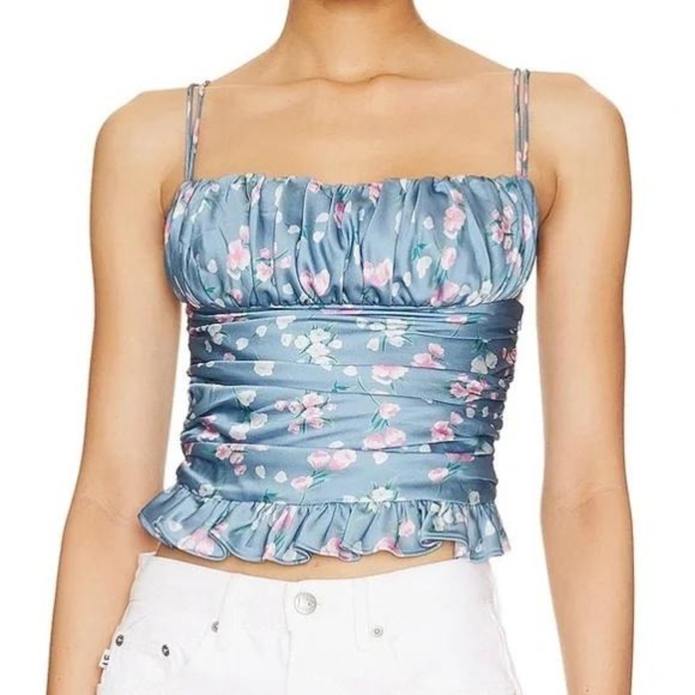 More To Come Floral Ruched Crop Top Womens Small Blue Pink Cottagecore Cami